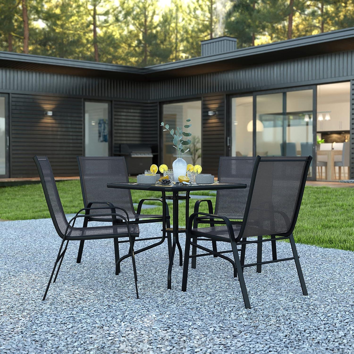 imageFlash Furniture Brazos Series 5Piece Glass Patio Table and Chairs Set Outdoor Patio Dining Set with Square Table and 4 Sling Patio Chairs BlackBlack