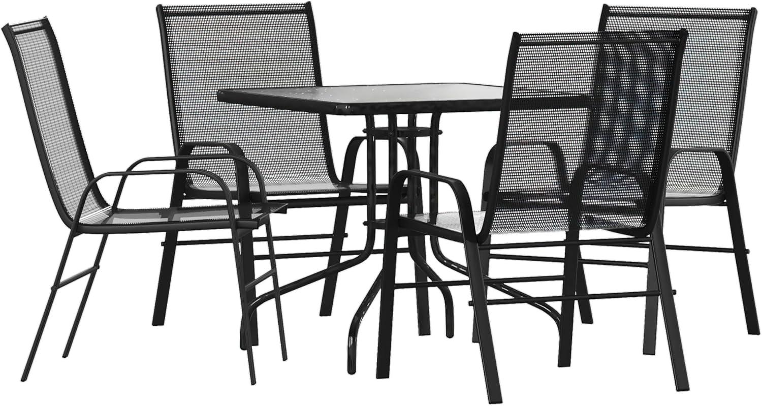 imageFlash Furniture Brazos Series 5Piece Glass Patio Table and Chairs Set Outdoor Patio Dining Set with Square Table and 4 Sling Patio Chairs BlackBlack