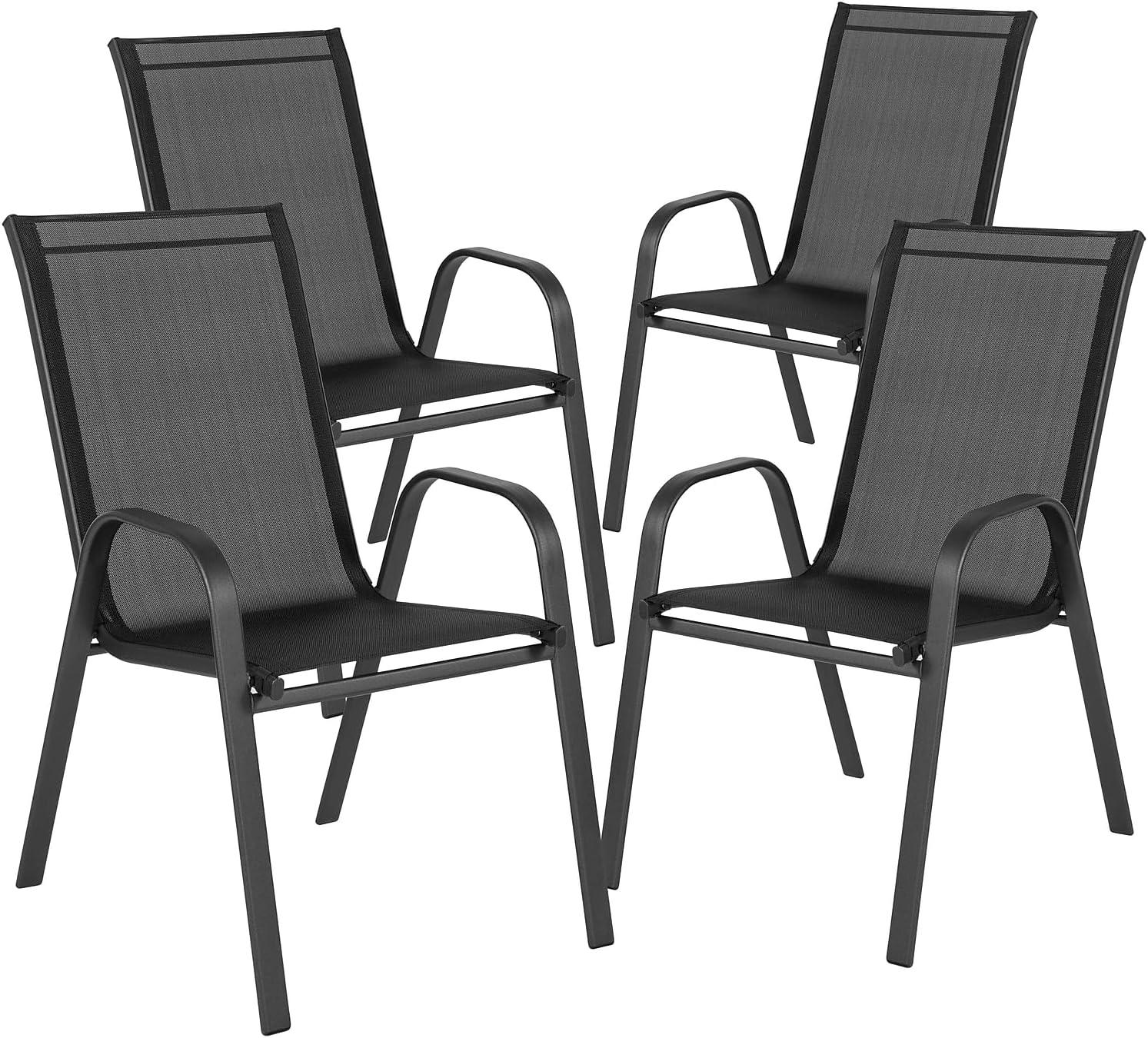 imageFlash Furniture Brazos Series 5Piece Glass Patio Table and Chairs Set Outdoor Patio Dining Set with Square Table and 4 Sling Patio Chairs BlackBlack