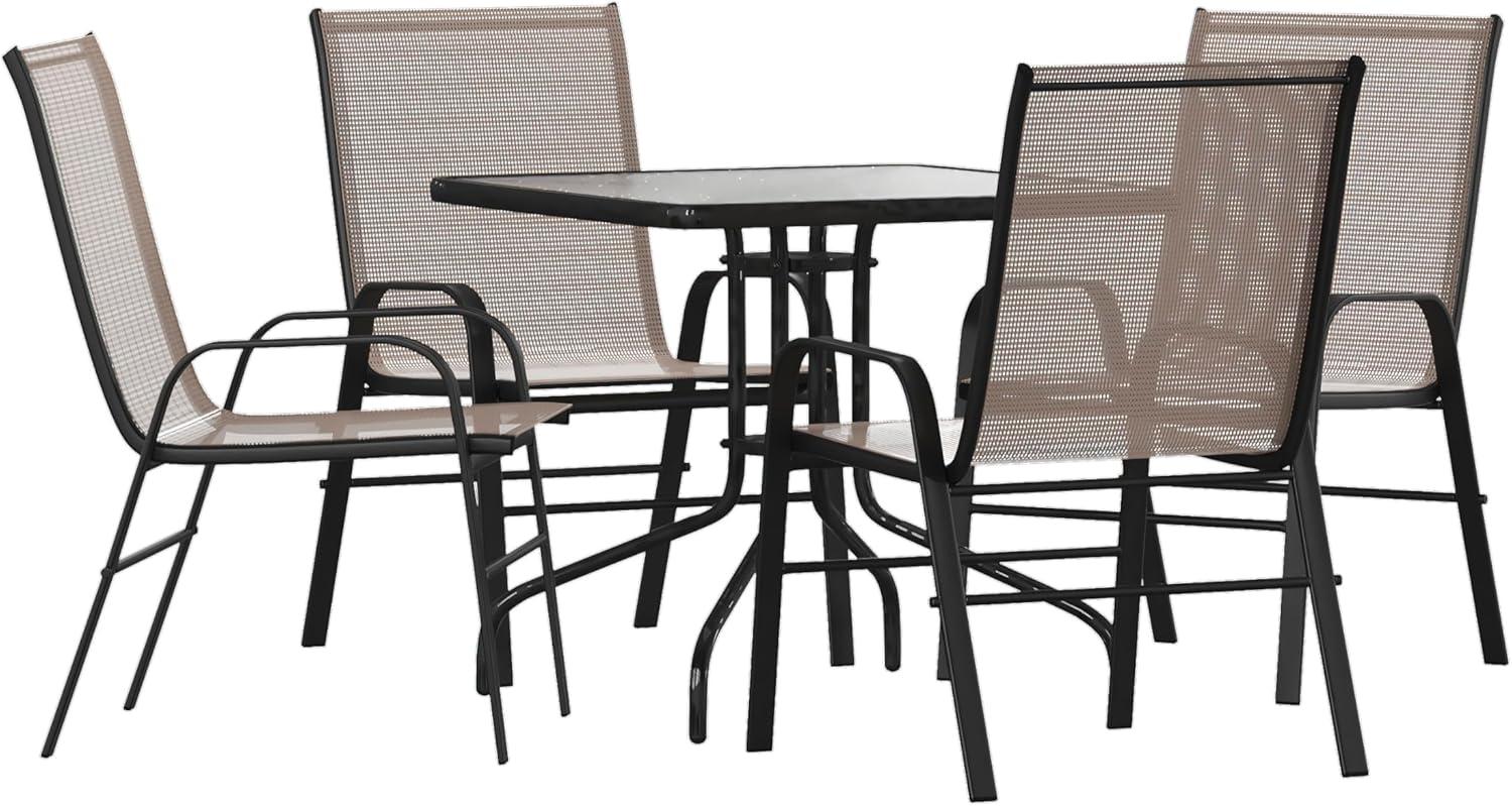imageFlash Furniture Brazos Series 5Piece Glass Patio Table and Chairs Set Outdoor Patio Dining Set with Square Table and 4 Sling Patio Chairs BlackBrown