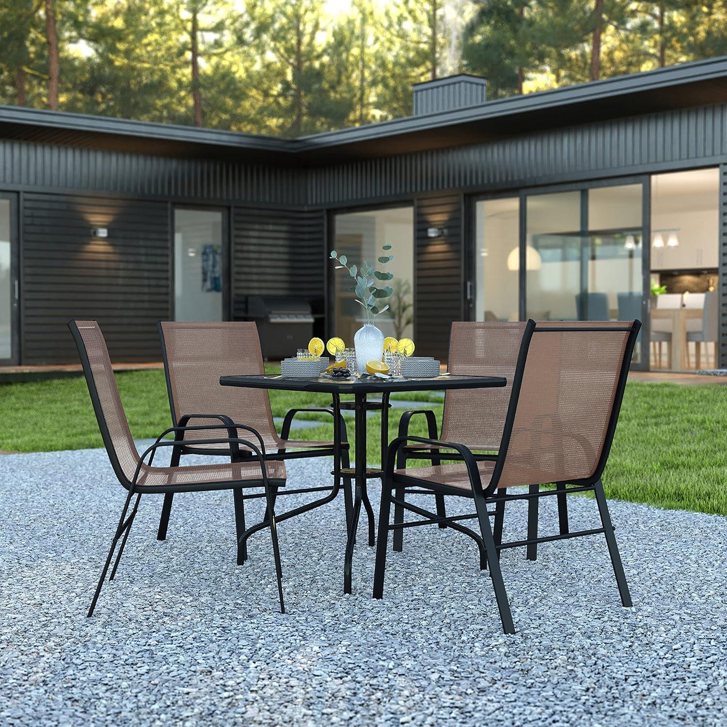 imageFlash Furniture Brazos Series 5Piece Glass Patio Table and Chairs Set Outdoor Patio Dining Set with Square Table and 4 Sling Patio Chairs BlackBrown