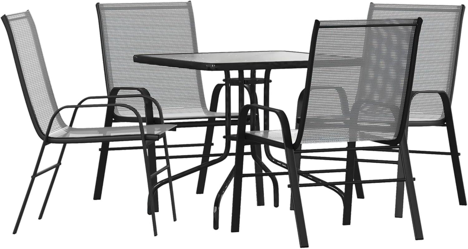 imageFlash Furniture Brazos Series 5Piece Glass Patio Table and Chairs Set Outdoor Patio Dining Set with Square Table and 4 Sling Patio Chairs BlackGrey