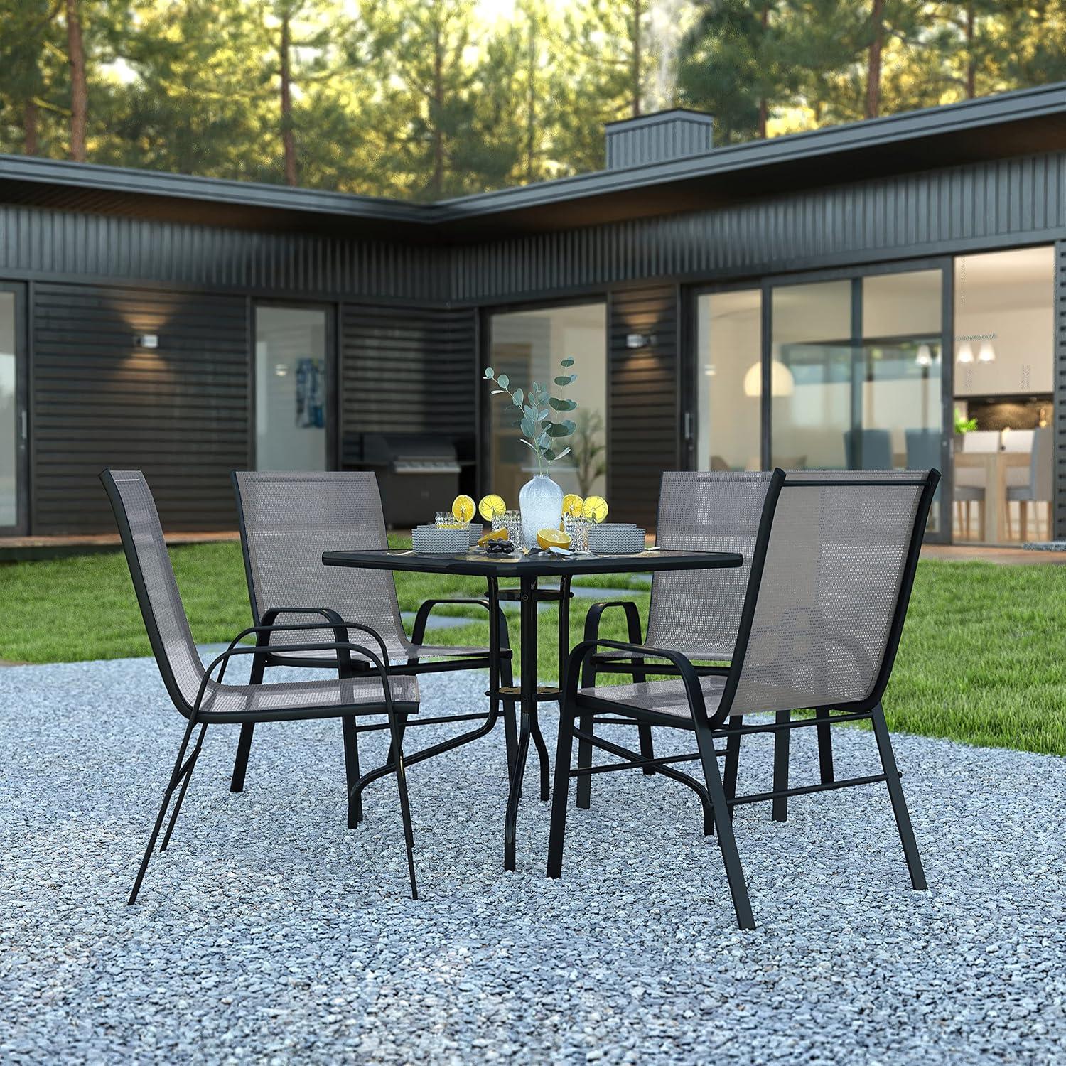 imageFlash Furniture Brazos Series 5Piece Glass Patio Table and Chairs Set Outdoor Patio Dining Set with Square Table and 4 Sling Patio Chairs BlackGrey
