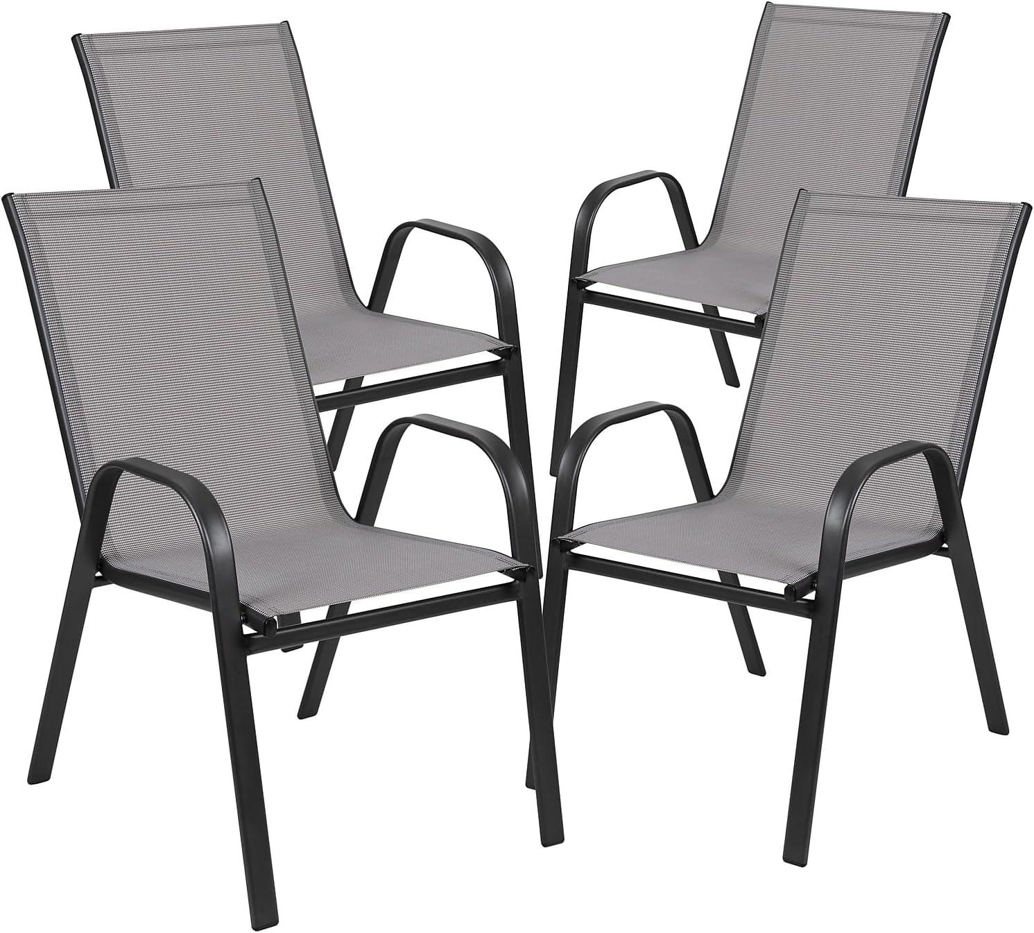 imageFlash Furniture Brazos Series 5Piece Glass Patio Table and Chairs Set Outdoor Patio Dining Set with Square Table and 4 Sling Patio Chairs BlackGrey
