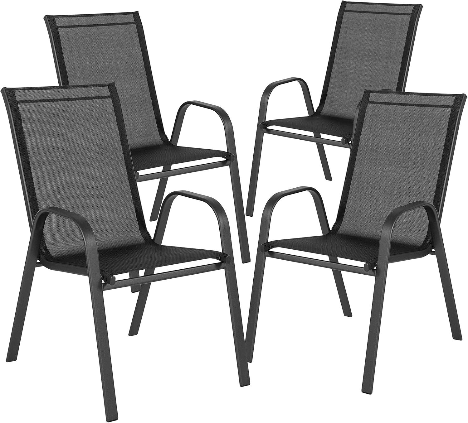 imageFlash Furniture Brazos Series 7Piece Glass Patio Table and Chairs Set Outdoor Dining Set with Table with Umbrella Hole 6 Sling Patio Chairs BlackBlack