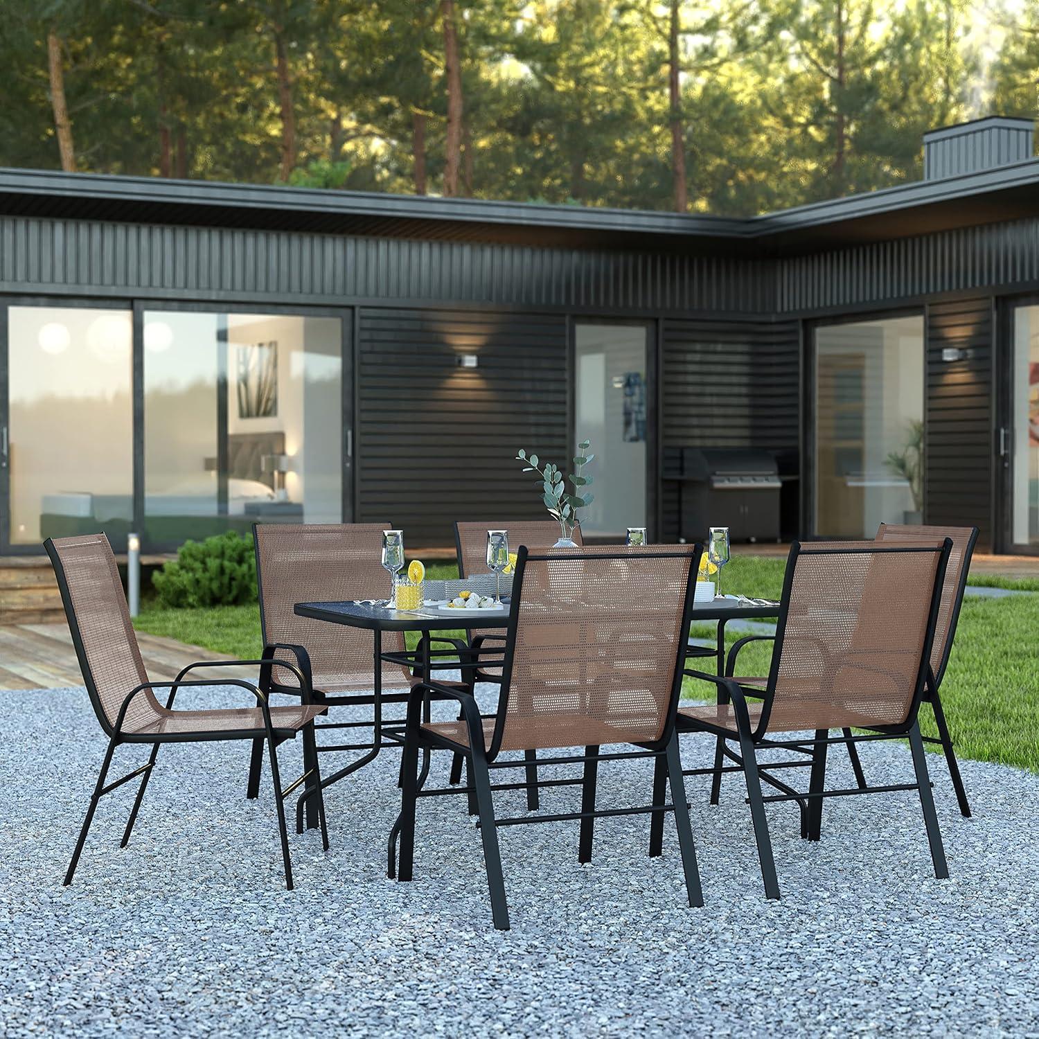 imageFlash Furniture Brazos Series 7Piece Glass Patio Table and Chairs Set Outdoor Dining Set with Table with Umbrella Hole 6 Sling Patio Chairs BlackBrown