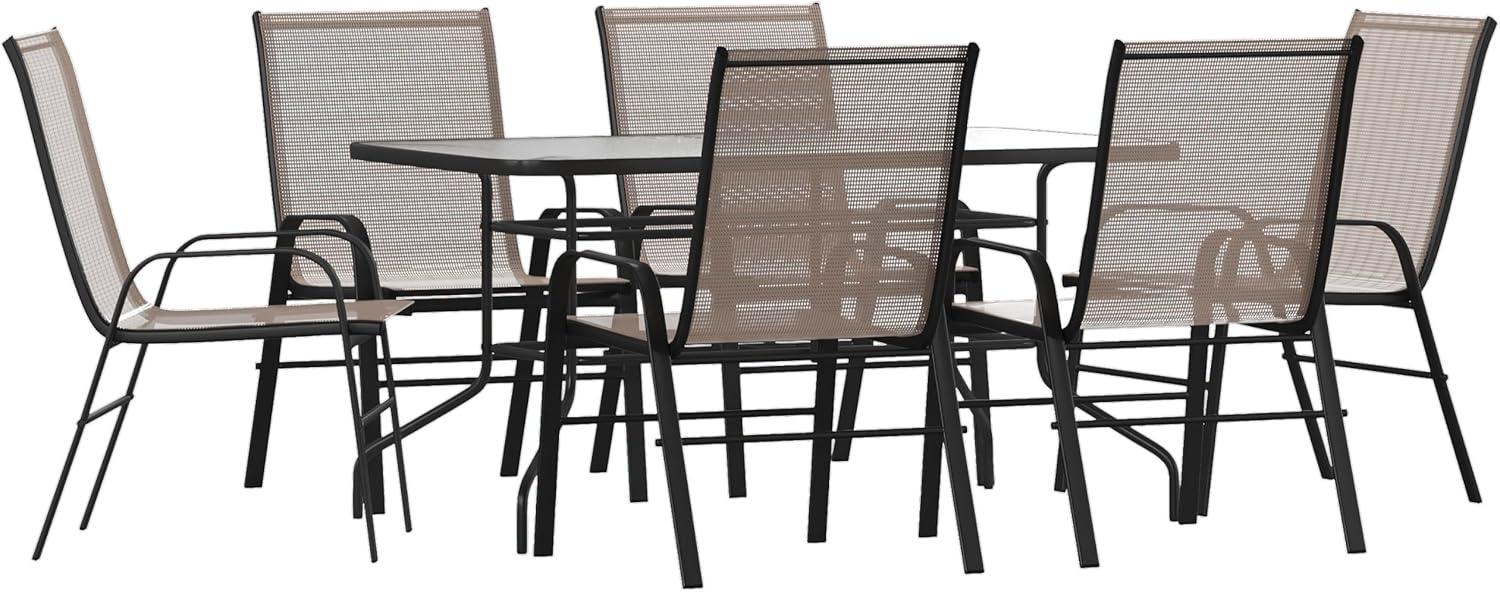 imageFlash Furniture Brazos Series 7Piece Glass Patio Table and Chairs Set Outdoor Dining Set with Table with Umbrella Hole 6 Sling Patio Chairs BlackBrown
