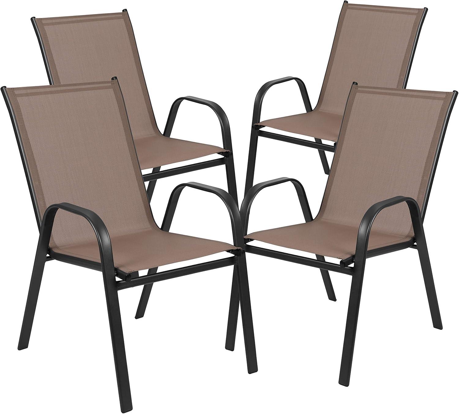 imageFlash Furniture Brazos Series 7Piece Glass Patio Table and Chairs Set Outdoor Dining Set with Table with Umbrella Hole 6 Sling Patio Chairs BlackBrown