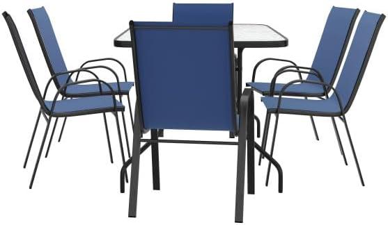 imageFlash Furniture Brazos Series 7Piece Glass Patio Table and Chairs Set Outdoor Dining Set with Table with Umbrella Hole 6 Sling Patio Chairs BlackNavy