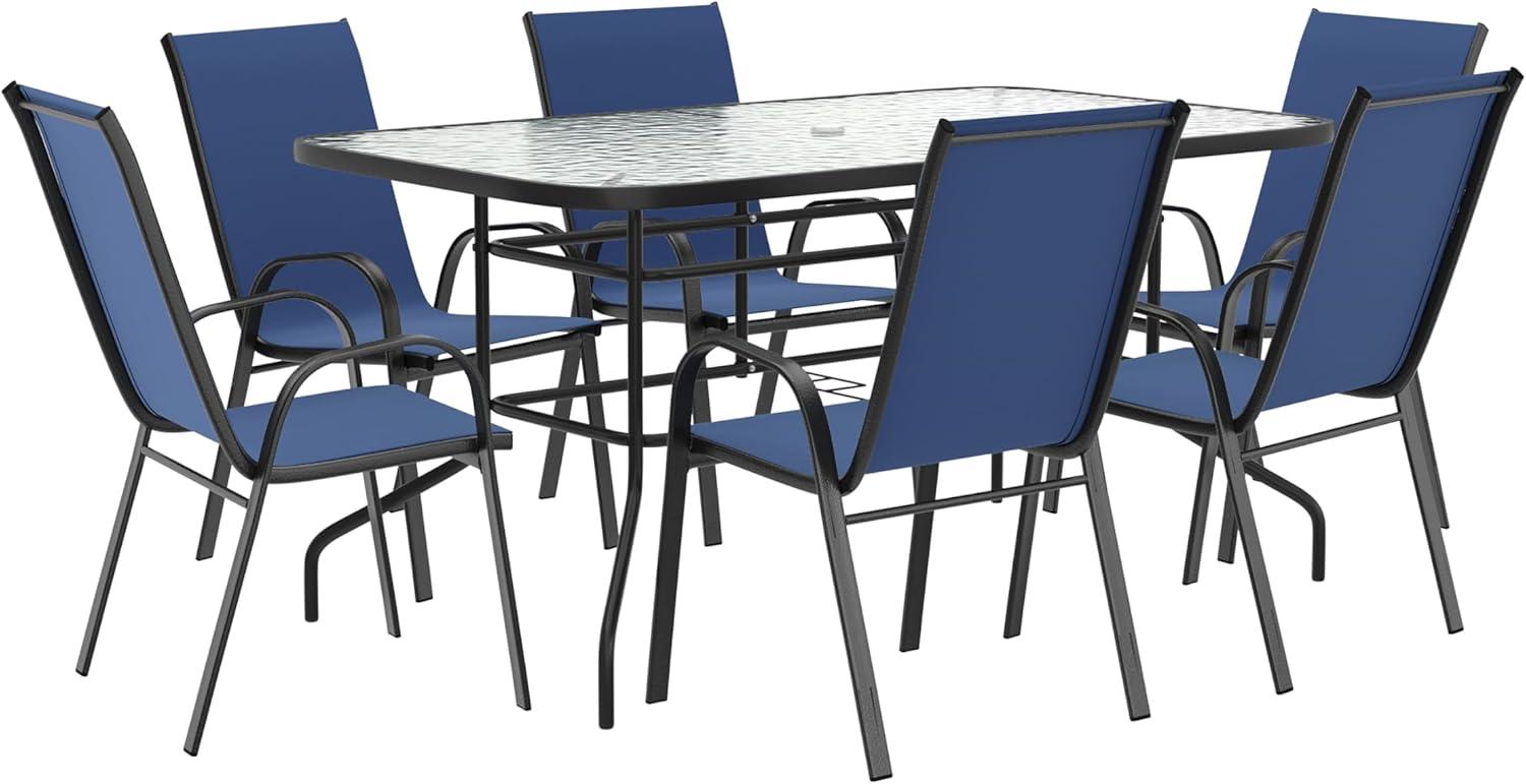imageFlash Furniture Brazos Series 7Piece Glass Patio Table and Chairs Set Outdoor Dining Set with Table with Umbrella Hole 6 Sling Patio Chairs BlackNavy
