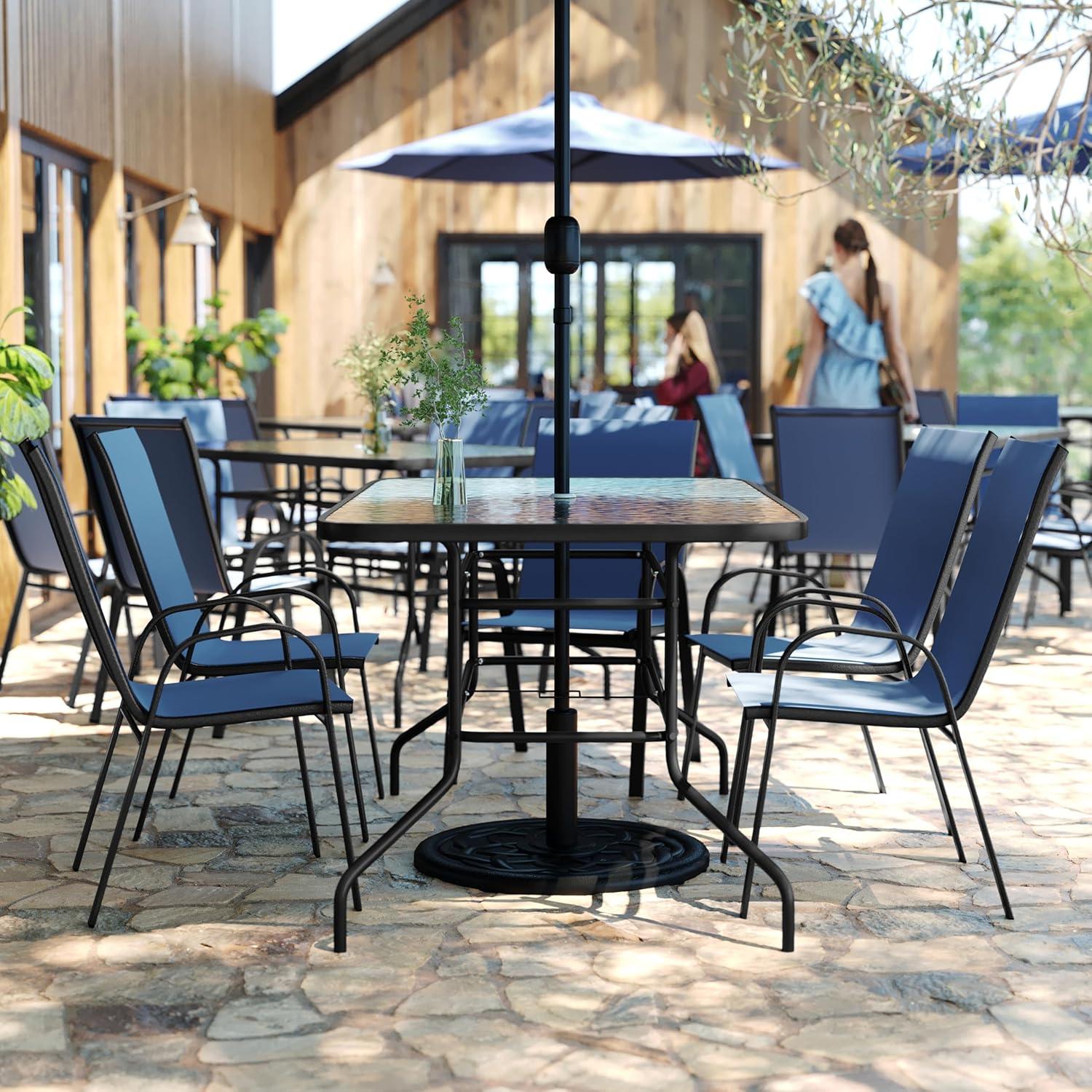 imageFlash Furniture Brazos Series 7Piece Glass Patio Table and Chairs Set Outdoor Dining Set with Table with Umbrella Hole 6 Sling Patio Chairs BlackNavy