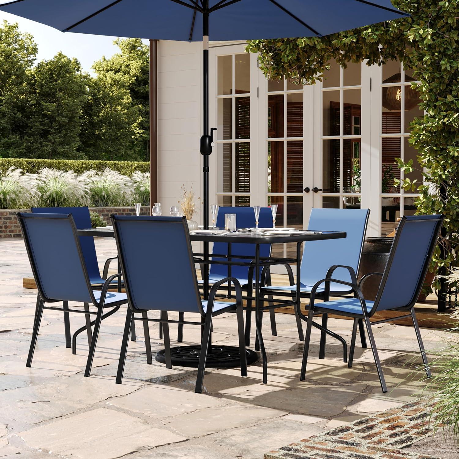 imageFlash Furniture Brazos Series 7Piece Glass Patio Table and Chairs Set Outdoor Dining Set with Table with Umbrella Hole 6 Sling Patio Chairs BlackNavy