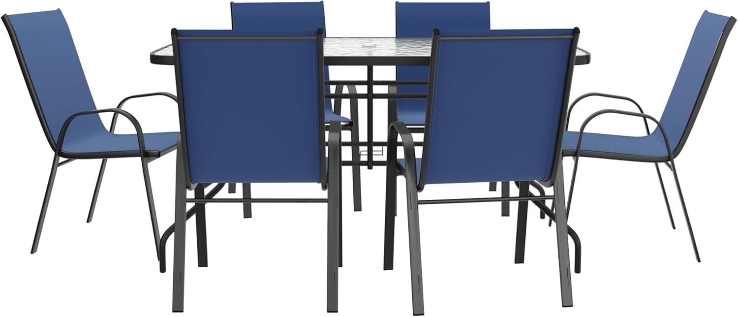 imageFlash Furniture Brazos Series 7Piece Glass Patio Table and Chairs Set Outdoor Dining Set with Table with Umbrella Hole 6 Sling Patio Chairs BlackNavy