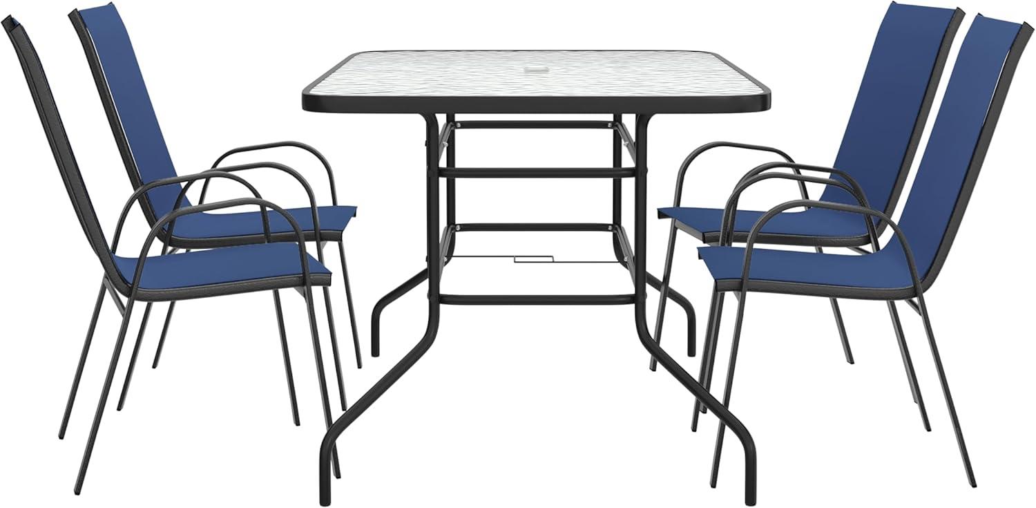 imageFlash Furniture Brazos Series 7Piece Glass Patio Table and Chairs Set Outdoor Dining Set with Table with Umbrella Hole 6 Sling Patio Chairs BlackNavy