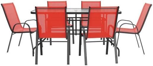 imageFlash Furniture Brazos Series 7Piece Glass Patio Table and Chairs Set Outdoor Dining Set with Table with Umbrella Hole 6 Sling Patio Chairs BlackRed