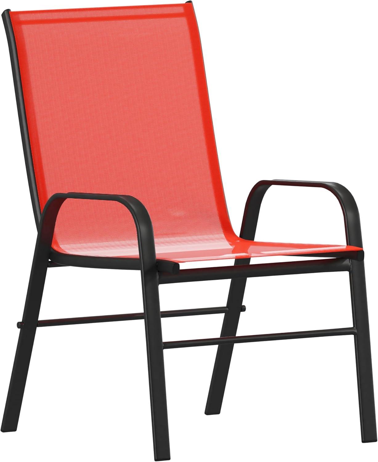 imageFlash Furniture Brazos Series 7Piece Glass Patio Table and Chairs Set Outdoor Dining Set with Table with Umbrella Hole 6 Sling Patio Chairs BlackRed