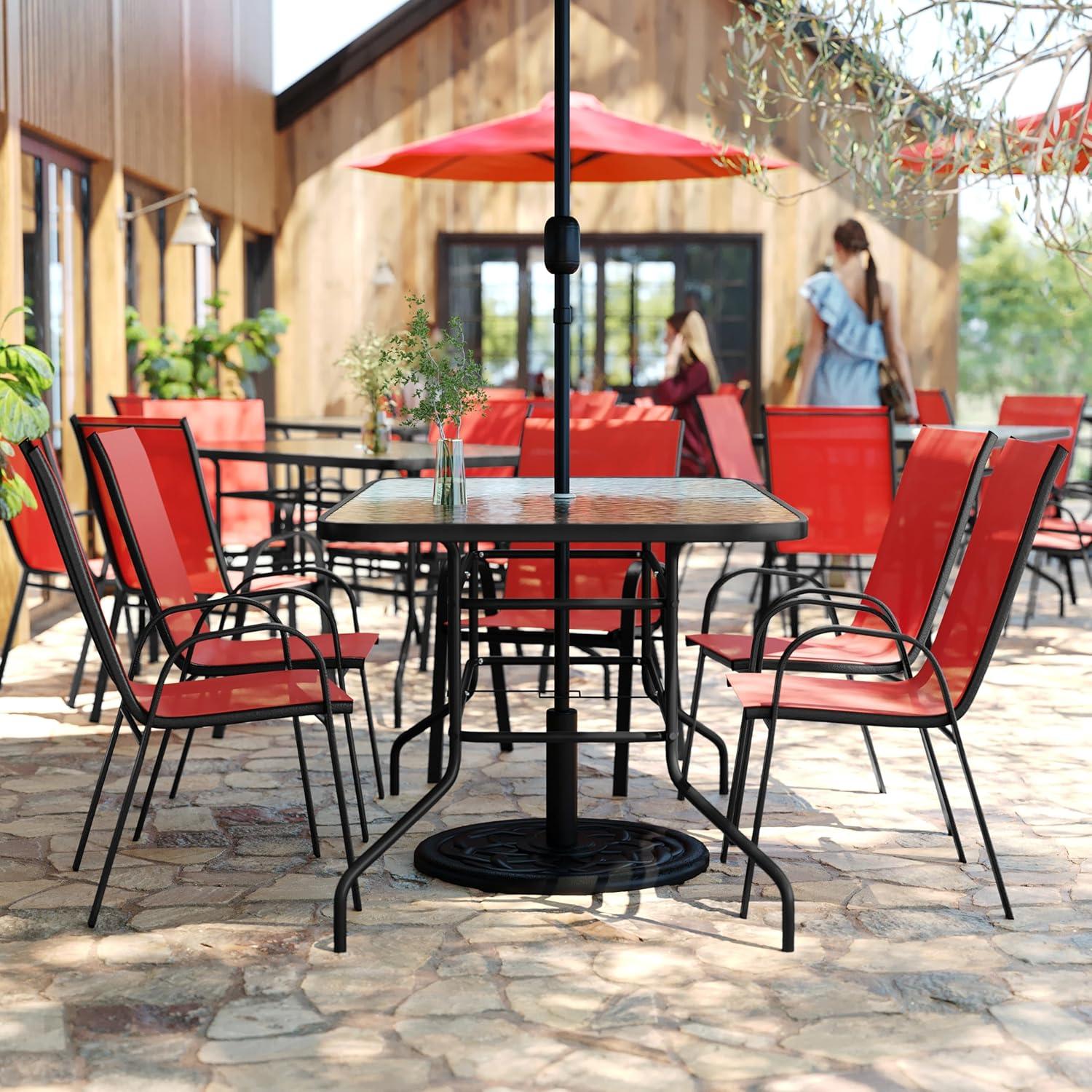 imageFlash Furniture Brazos Series 7Piece Glass Patio Table and Chairs Set Outdoor Dining Set with Table with Umbrella Hole 6 Sling Patio Chairs BlackRed