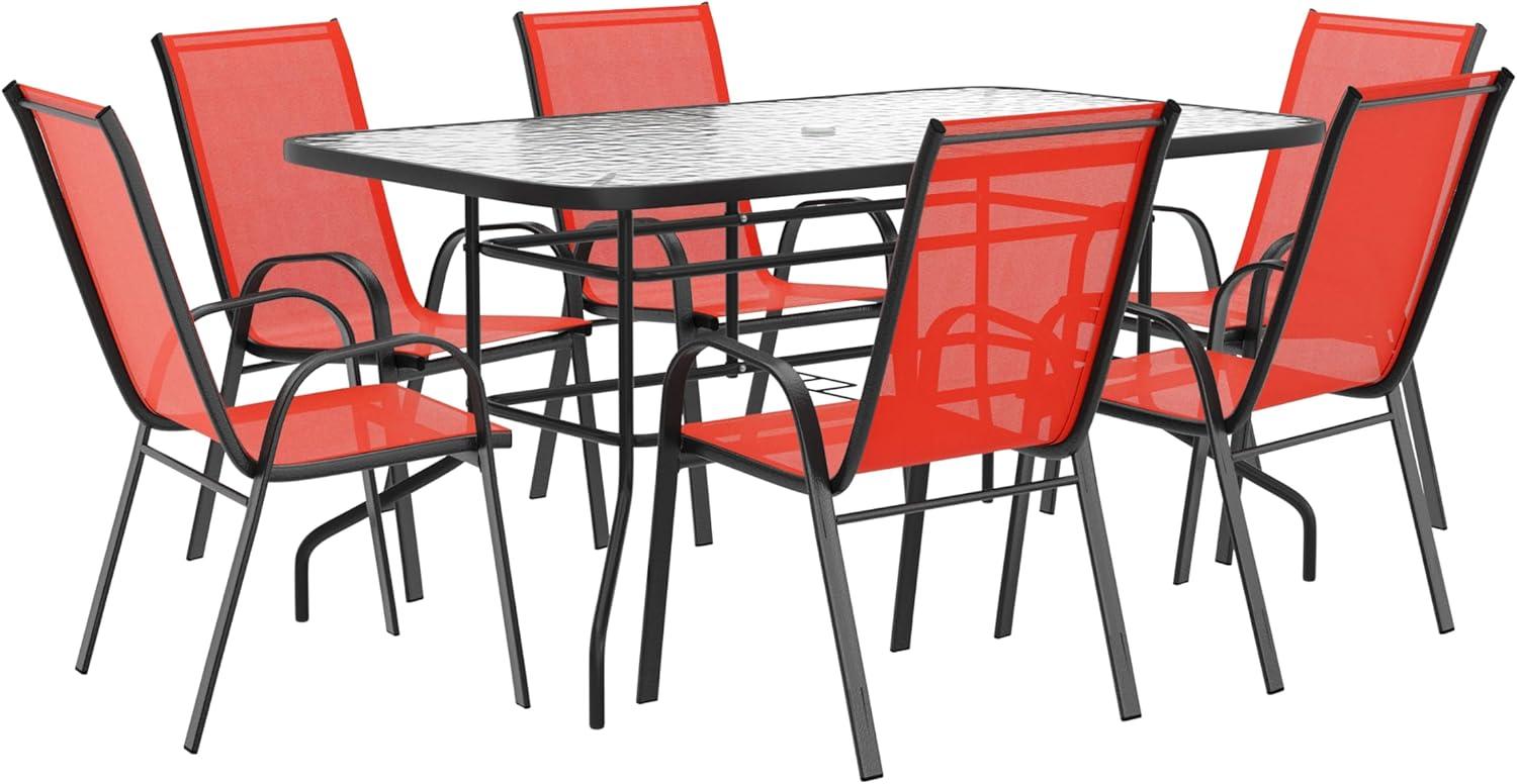 imageFlash Furniture Brazos Series 7Piece Glass Patio Table and Chairs Set Outdoor Dining Set with Table with Umbrella Hole 6 Sling Patio Chairs BlackRed