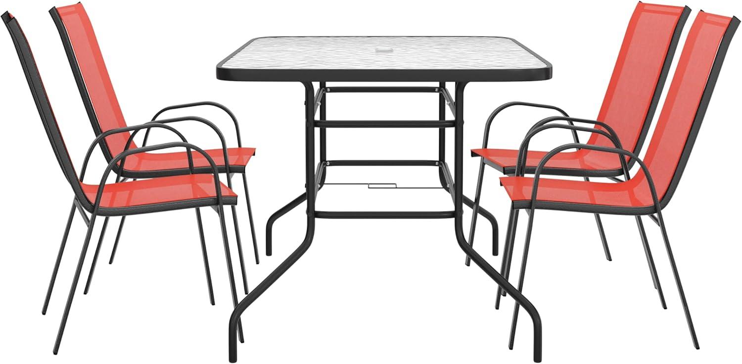 imageFlash Furniture Brazos Series 7Piece Glass Patio Table and Chairs Set Outdoor Dining Set with Table with Umbrella Hole 6 Sling Patio Chairs BlackRed
