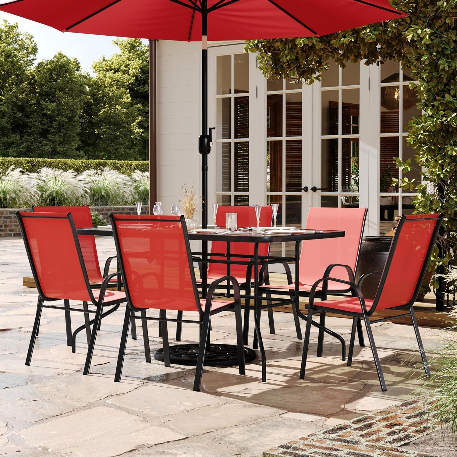 imageFlash Furniture Brazos Series 7Piece Glass Patio Table and Chairs Set Outdoor Dining Set with Table with Umbrella Hole 6 Sling Patio Chairs BlackRed