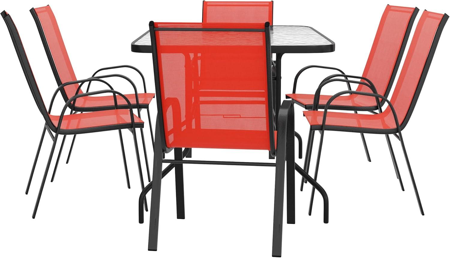 imageFlash Furniture Brazos Series 7Piece Glass Patio Table and Chairs Set Outdoor Dining Set with Table with Umbrella Hole 6 Sling Patio Chairs BlackRed