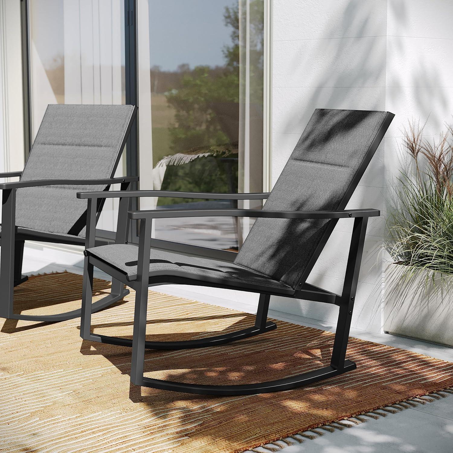 imageFlash Furniture Brazos Set of 2 Gray Outdoor Rocking Chairs with Flex Comfort Material and Black Metal FrameGrayBlackBlack