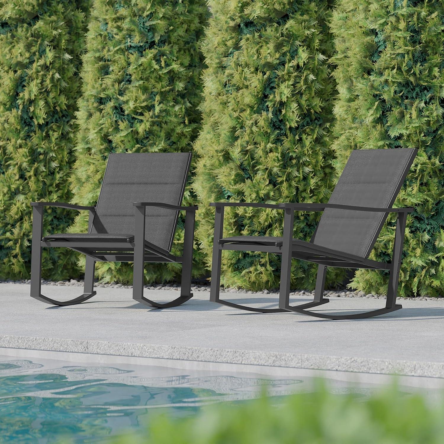 imageFlash Furniture Brazos Set of 2 Gray Outdoor Rocking Chairs with Flex Comfort Material and Black Metal FrameGrayBlackBlack