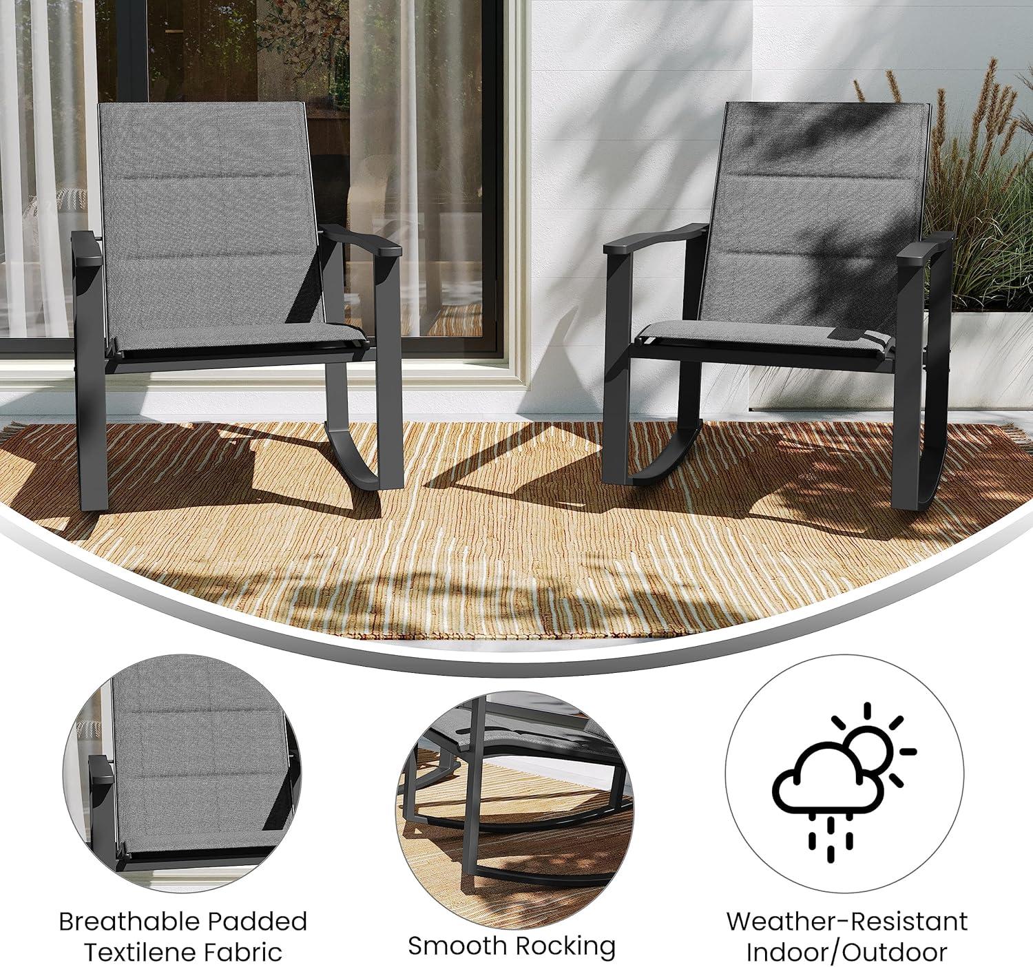 imageFlash Furniture Brazos Set of 2 Gray Outdoor Rocking Chairs with Flex Comfort Material and Black Metal FrameGrayBlackBlack