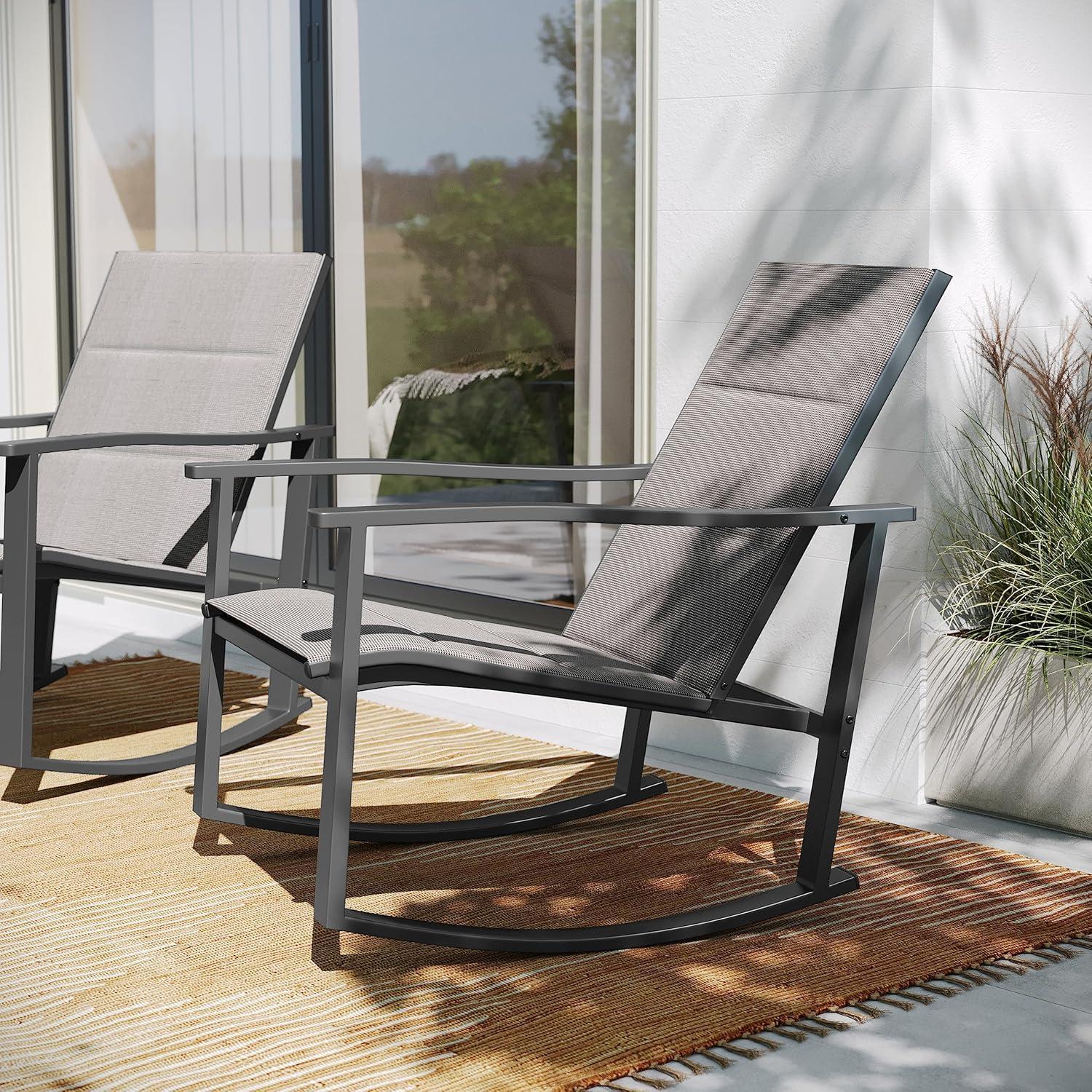 imageFlash Furniture Brazos Set of 2 Gray Outdoor Rocking Chairs with Flex Comfort Material and Black Metal FrameGrayBlackGrey