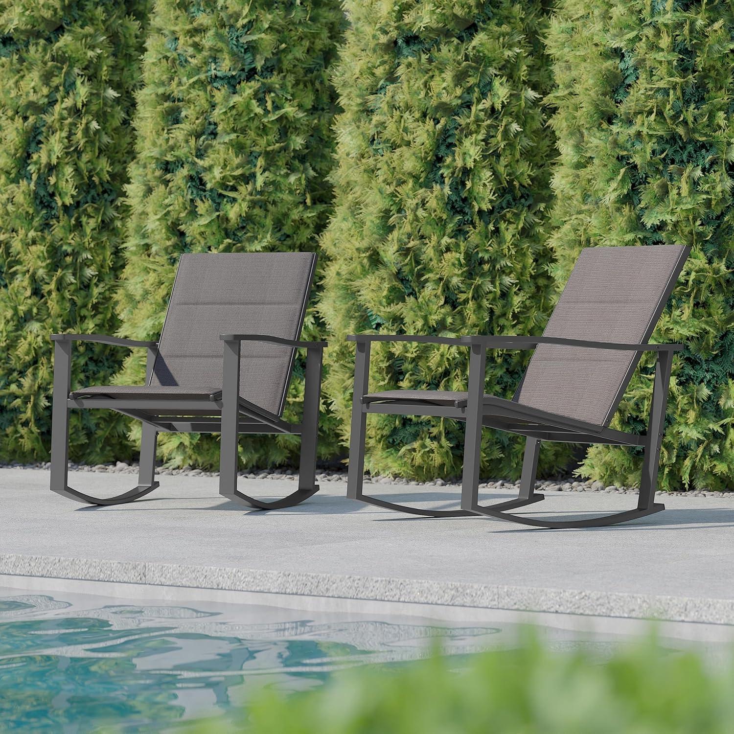 imageFlash Furniture Brazos Set of 2 Gray Outdoor Rocking Chairs with Flex Comfort Material and Black Metal FrameGrayBlackGrey