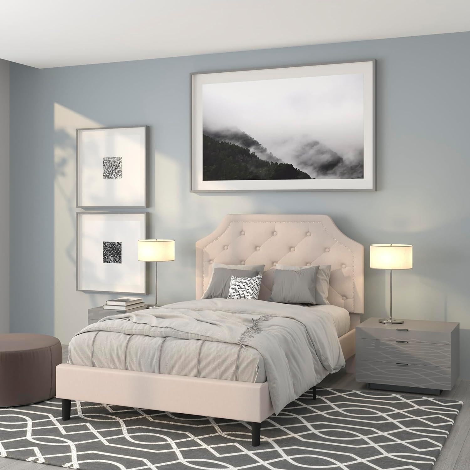 imageFlash Furniture Brighton Twin Size Tufted Upholstered Platform Bed in Light Gray FabricBeige