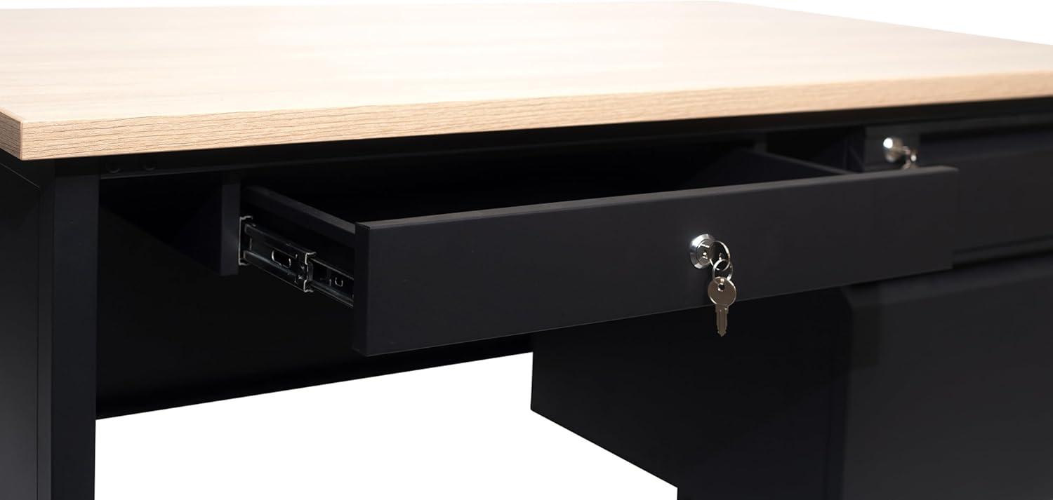 imageFlash Furniture Cambridge Right Side Single Pedestal Desk with 3 Locking Drawers Commercial Grade Teachers or Office Desk 30x48 Metal Frame White OakBlackWhite Oak