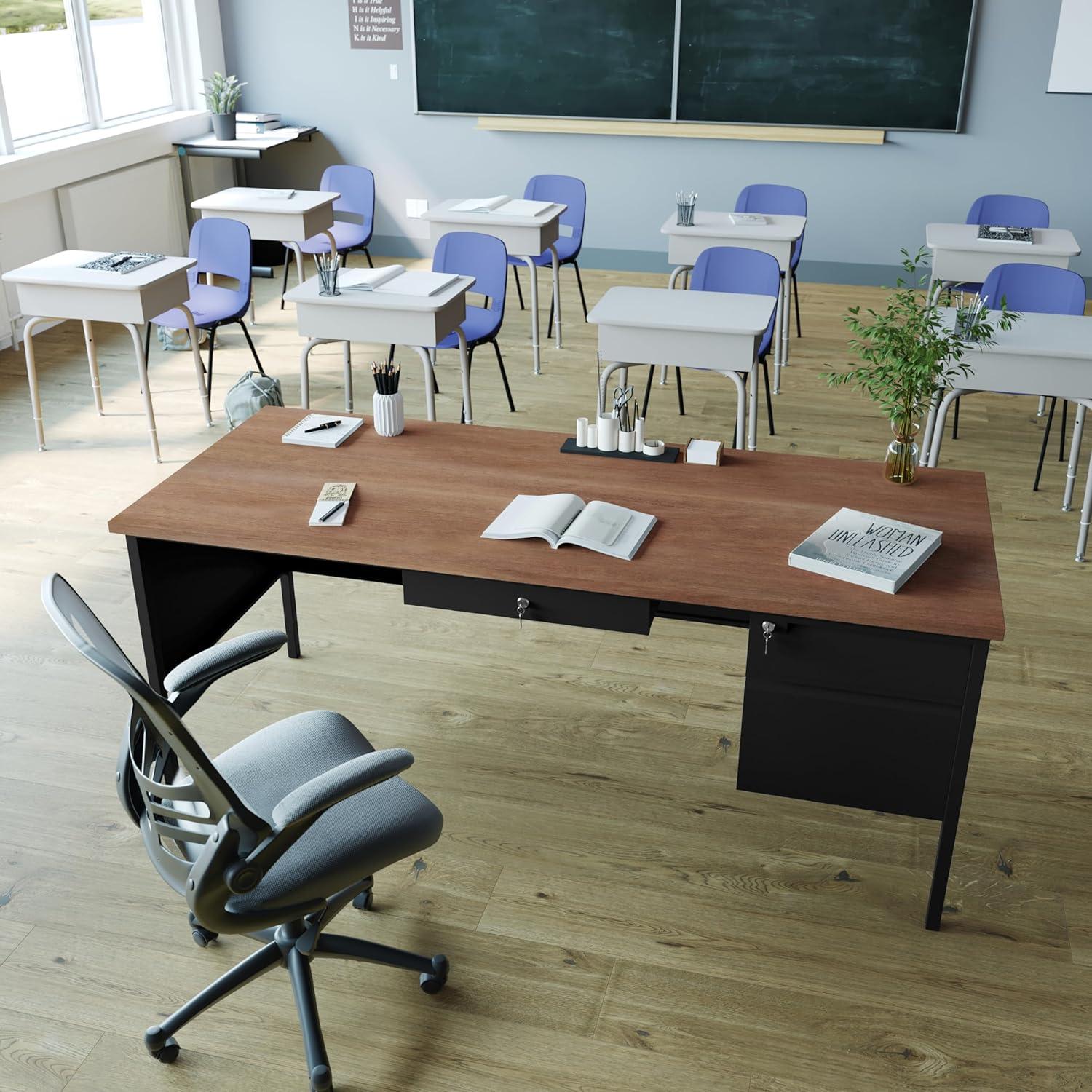 imageFlash Furniture Cambridge Right Side Single Pedestal Desk with 3 Locking Drawers Commercial Grade Teachers or Office Desk 30x70 Metal Frame White OakBlackWalnut