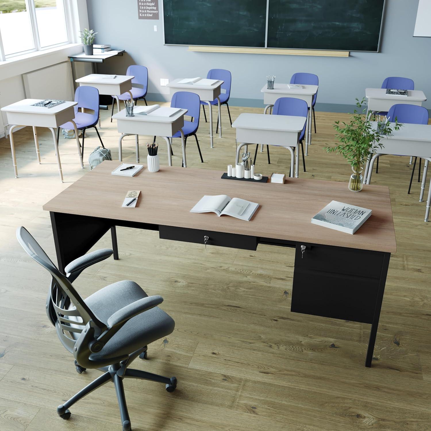 imageFlash Furniture Cambridge Right Side Single Pedestal Desk with 3 Locking Drawers Commercial Grade Teachers or Office Desk 30x70 Metal Frame White OakBlackWhite Oak