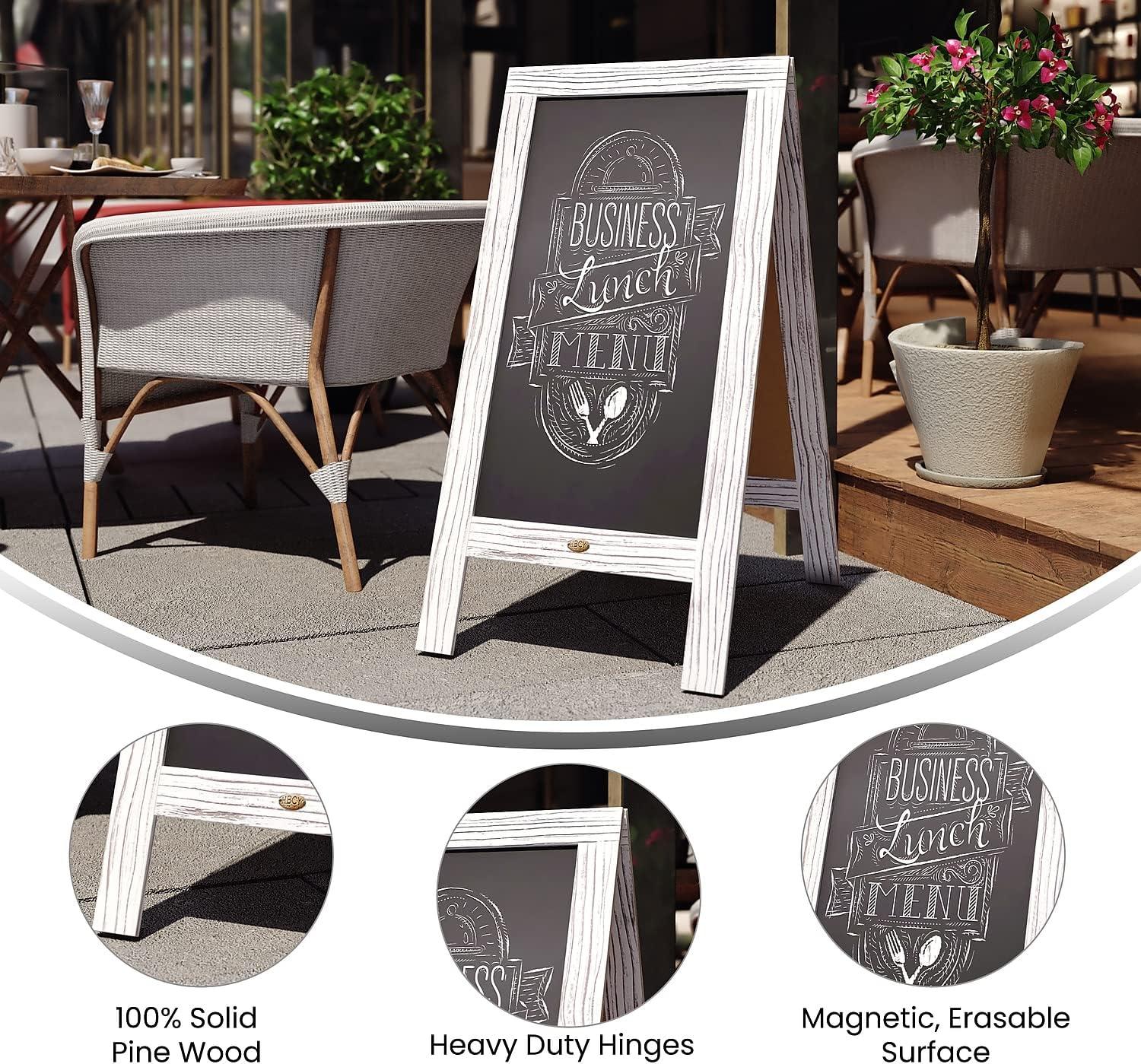 imageFlash Furniture Canterbury Magnetic Chalkboard Sign Robin Blue Wood Frame 30quot x 20quot Freestanding Double Sided Magnetic Chalkboard Surface IndoorOutdoorWhite Wash