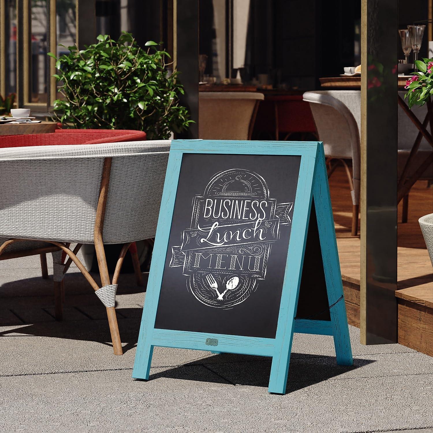 imageFlash Furniture Canterbury Magnetic Chalkboard Sign Robin Blue Wood Frame 30quot x 20quot Freestanding Double Sided Magnetic Chalkboard Surface IndoorOutdoorRobin Blue