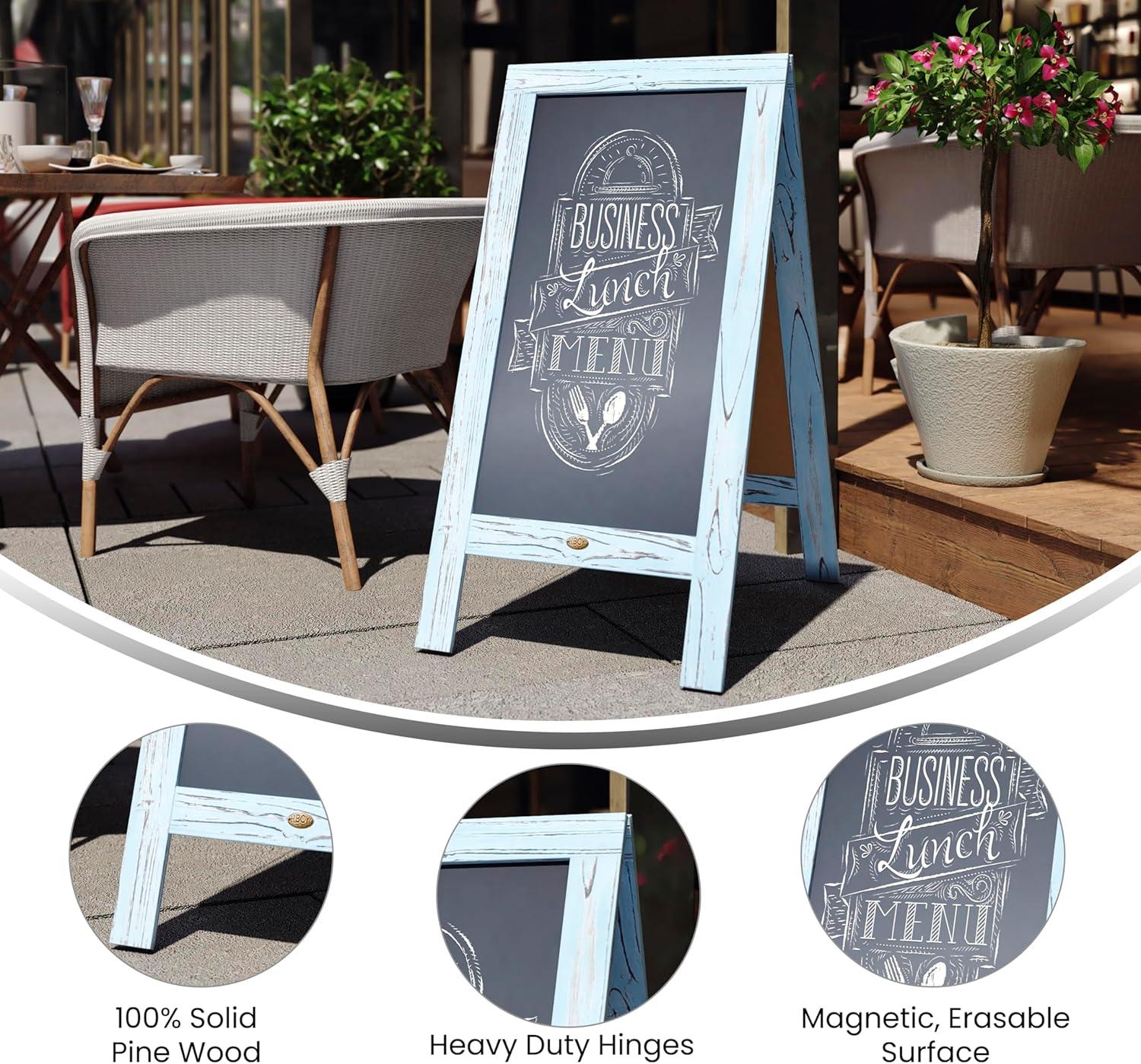 imageFlash Furniture Canterbury Magnetic Chalkboard Sign Robin Blue Wood Frame 30quot x 20quot Freestanding Double Sided Magnetic Chalkboard Surface IndoorOutdoorRobin Blue