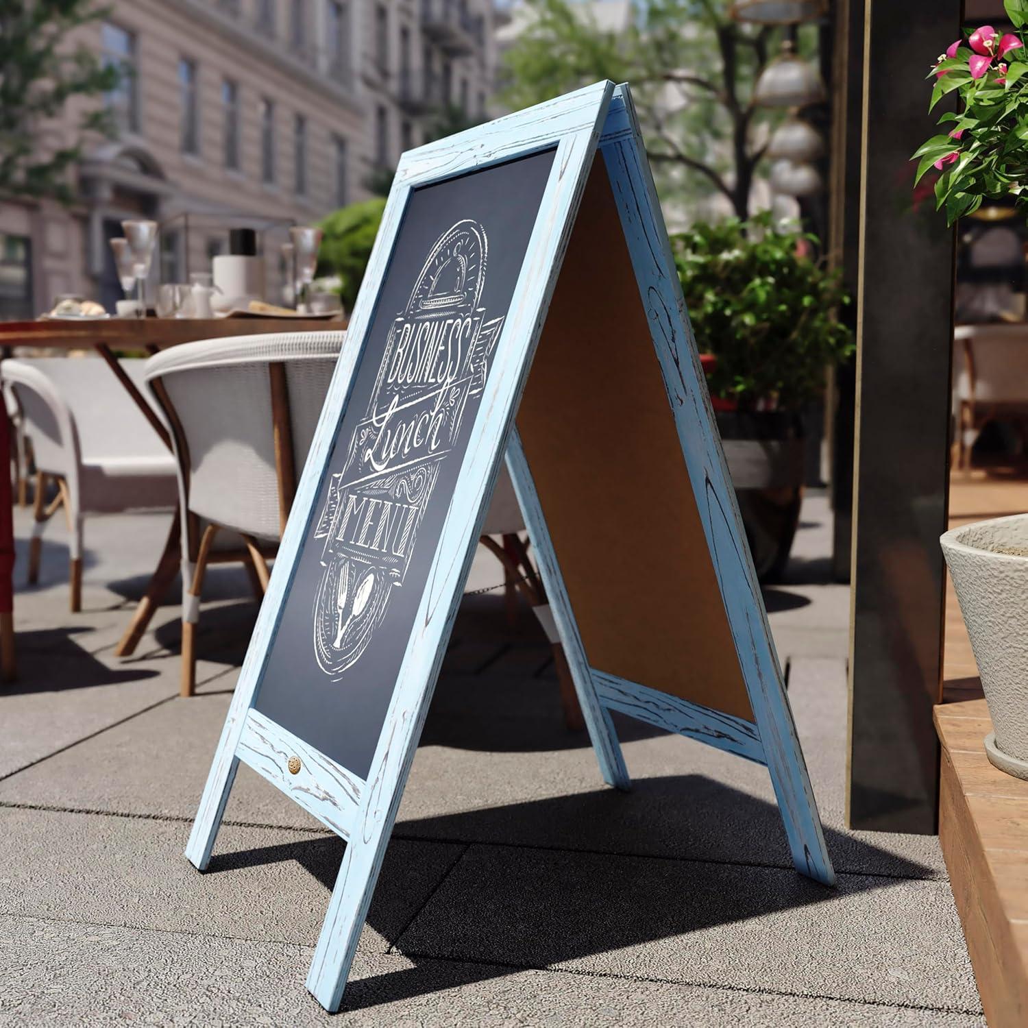 imageFlash Furniture Canterbury Magnetic Chalkboard Sign Robin Blue Wood Frame 30quot x 20quot Freestanding Double Sided Magnetic Chalkboard Surface IndoorOutdoorRobin Blue