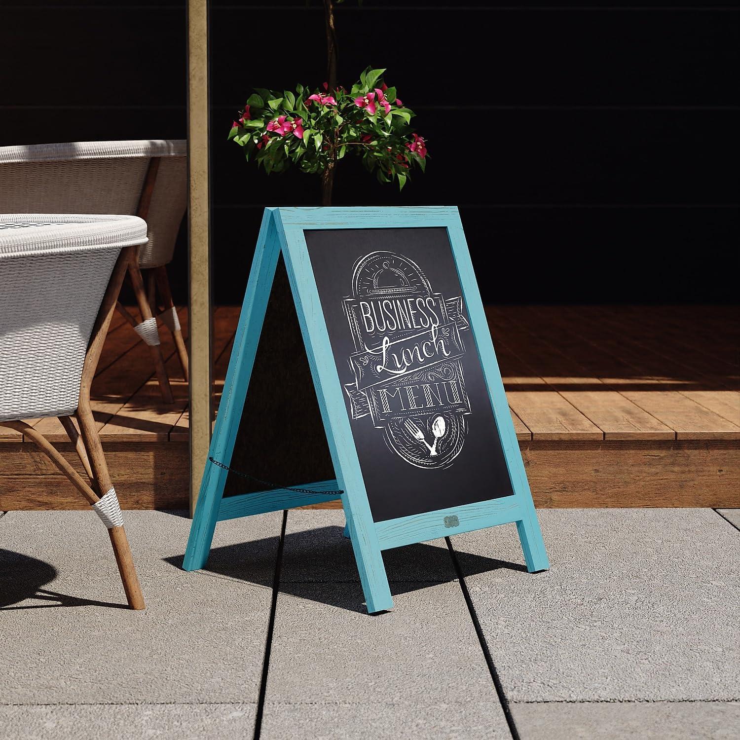imageFlash Furniture Canterbury Magnetic Chalkboard Sign Robin Blue Wood Frame 30quot x 20quot Freestanding Double Sided Magnetic Chalkboard Surface IndoorOutdoorRobin Blue