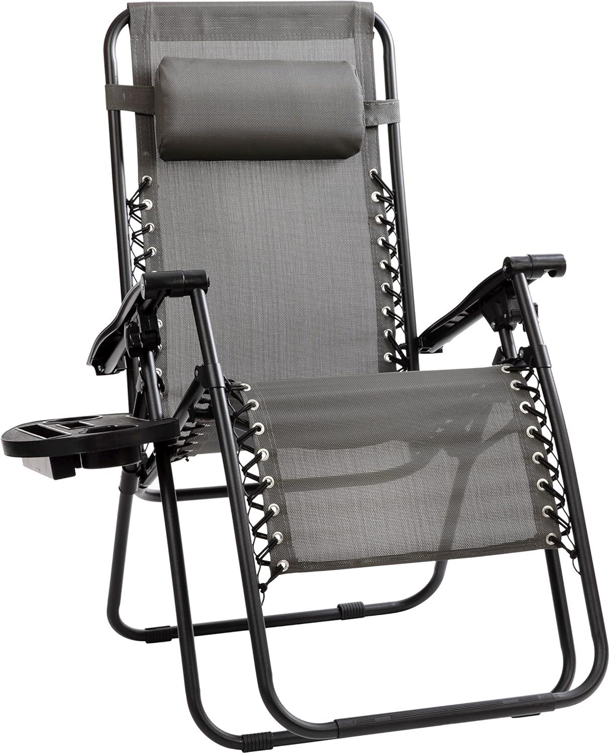 imageFlash Furniture Celestial Adjustable Folding Mesh Zero Gravity Reclining Lounge Chair with Pillow and Cup Holder Tray in Navy Set of 2Grey