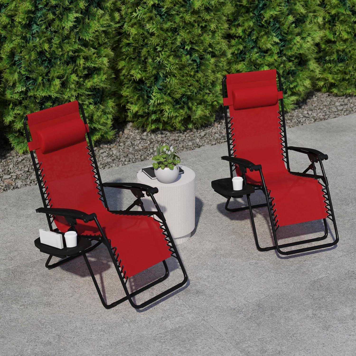 imageFlash Furniture Celestial Adjustable Folding Mesh Zero Gravity Reclining Lounge Chair with Pillow and Cup Holder Tray in Navy Set of 2Red