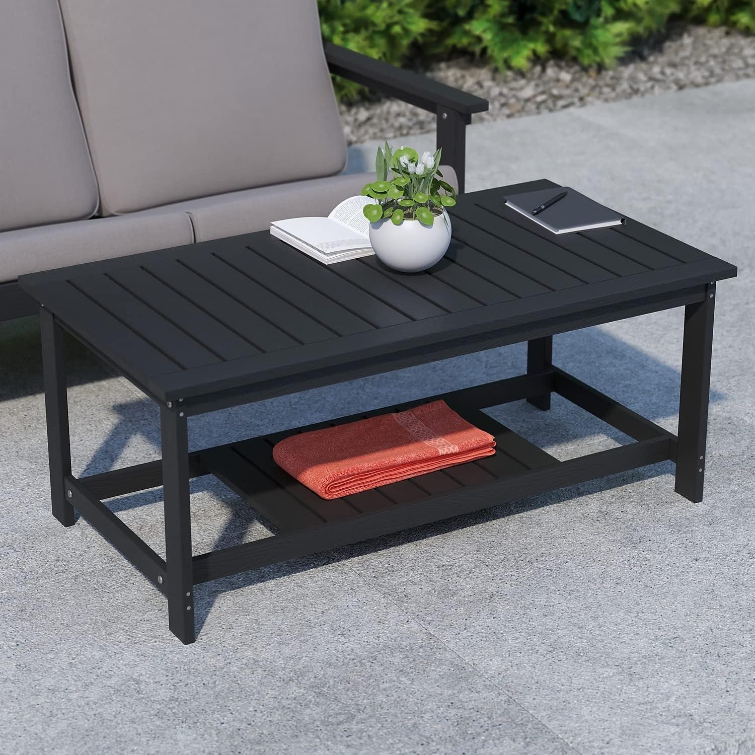 imageFlash Furniture Charlestown Two Tiered Commercial Grade Adirondack Coffee Table Gray Finish Poly Resin Wood AllWeather Slatted Shelf DesignGreyBlack