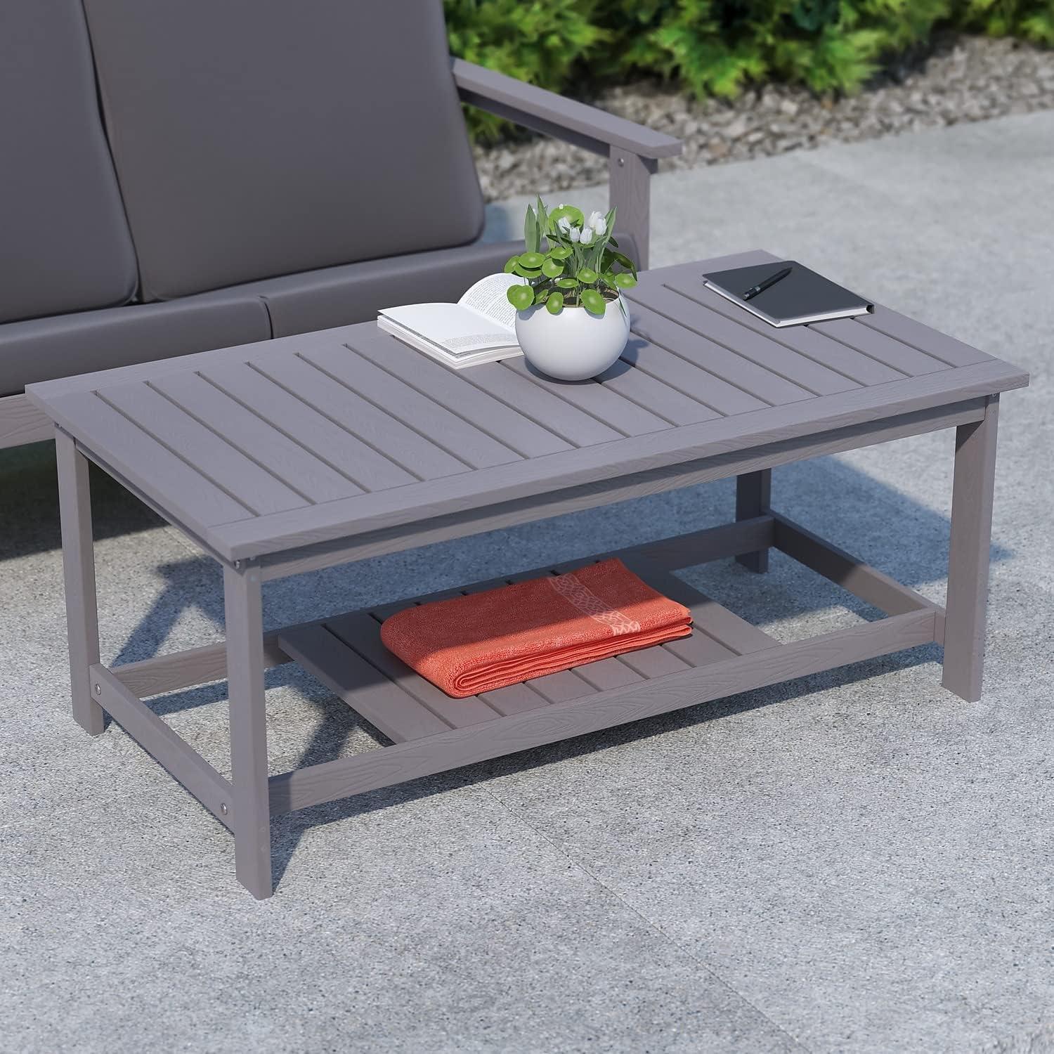 imageFlash Furniture Charlestown Two Tiered Commercial Grade Adirondack Coffee Table Gray Finish Poly Resin Wood AllWeather Slatted Shelf DesignGreyGrey