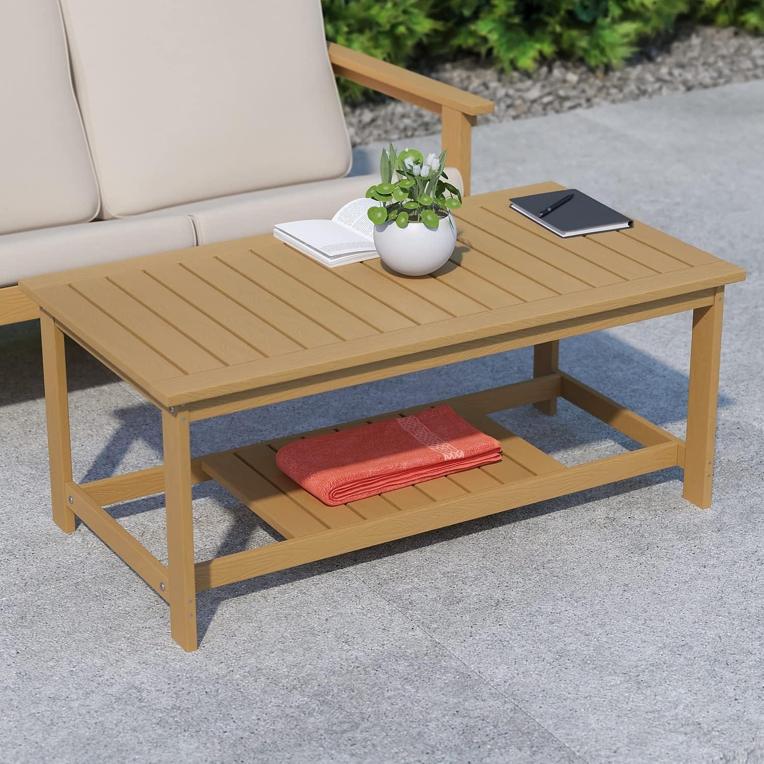 imageFlash Furniture Charlestown Two Tiered Commercial Grade Adirondack Coffee Table Gray Finish Poly Resin Wood AllWeather Slatted Shelf DesignGreyNatural Cedar