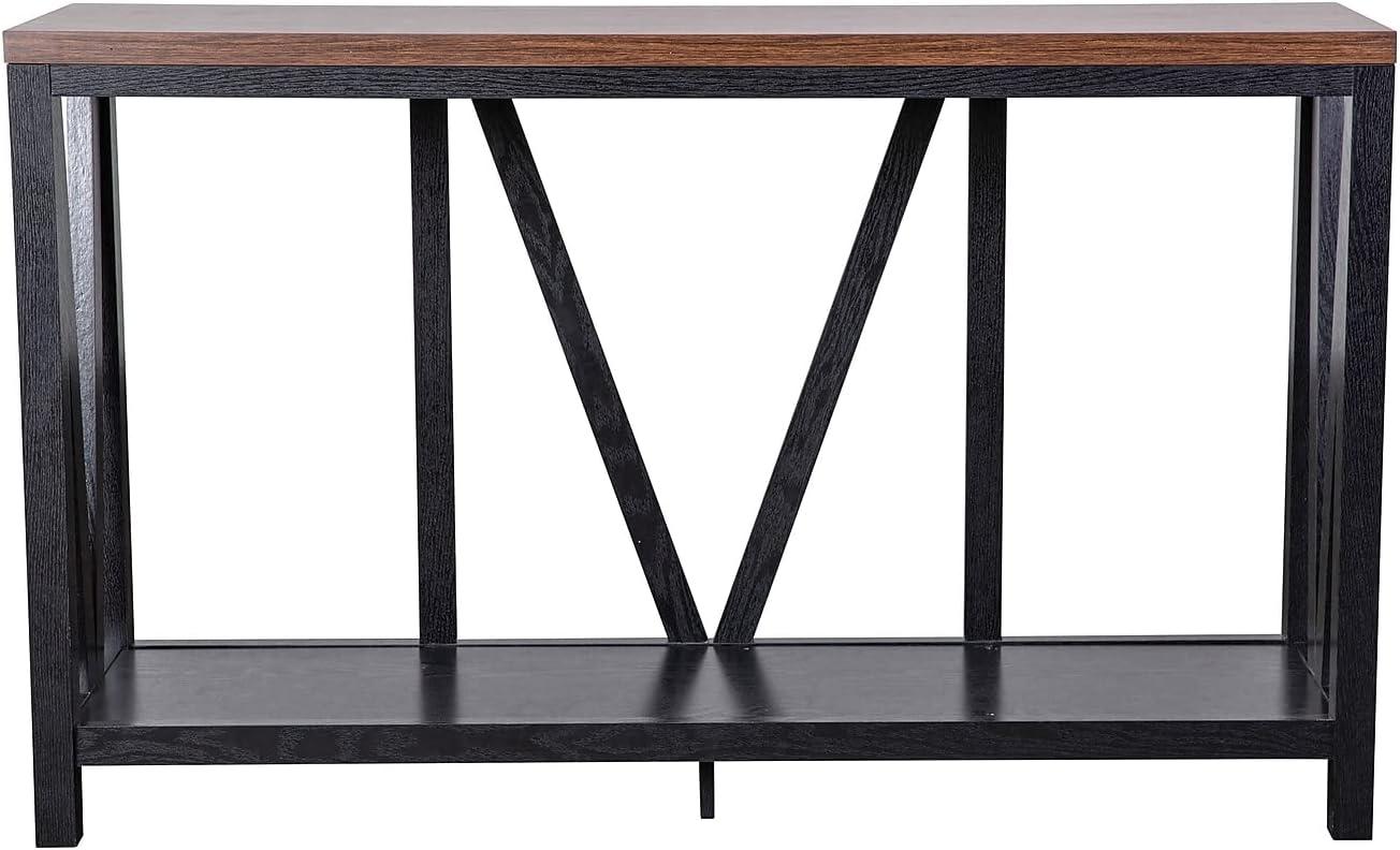 imageFlash Furniture Charlotte Farmhouse 2Tier Console Table Black Finish Engineered Wood Frame Walnut Finish Tabletop For Entryway or Living RoomWalnut TopBlack Frame