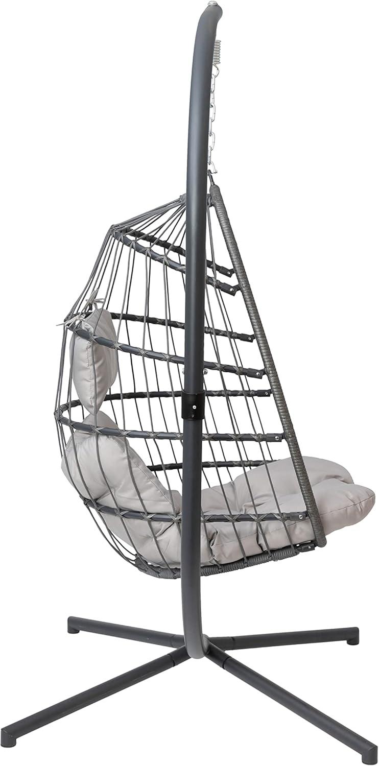 imageFlash Furniture Cleo IndoorOutdoor Patio Hanging Egg Chair Gray Frame with Gray Seat Cushions Black Powder Coated CStyle Stand Hanging Hardware IncludedGrey