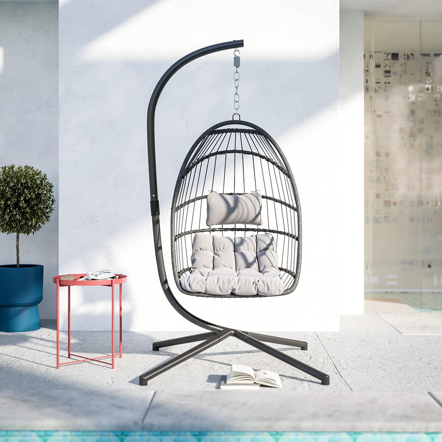 imageFlash Furniture Cleo IndoorOutdoor Patio Hanging Egg Chair Gray Frame with Gray Seat Cushions Black Powder Coated CStyle Stand Hanging Hardware IncludedGrey