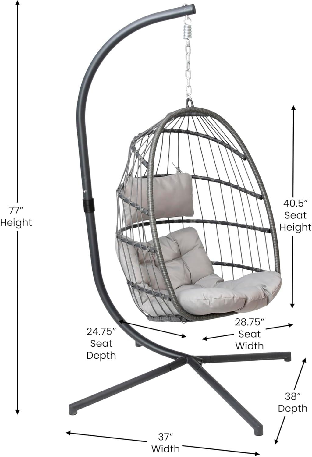 imageFlash Furniture Cleo IndoorOutdoor Patio Hanging Egg Chair Gray Frame with Gray Seat Cushions Black Powder Coated CStyle Stand Hanging Hardware IncludedGrey