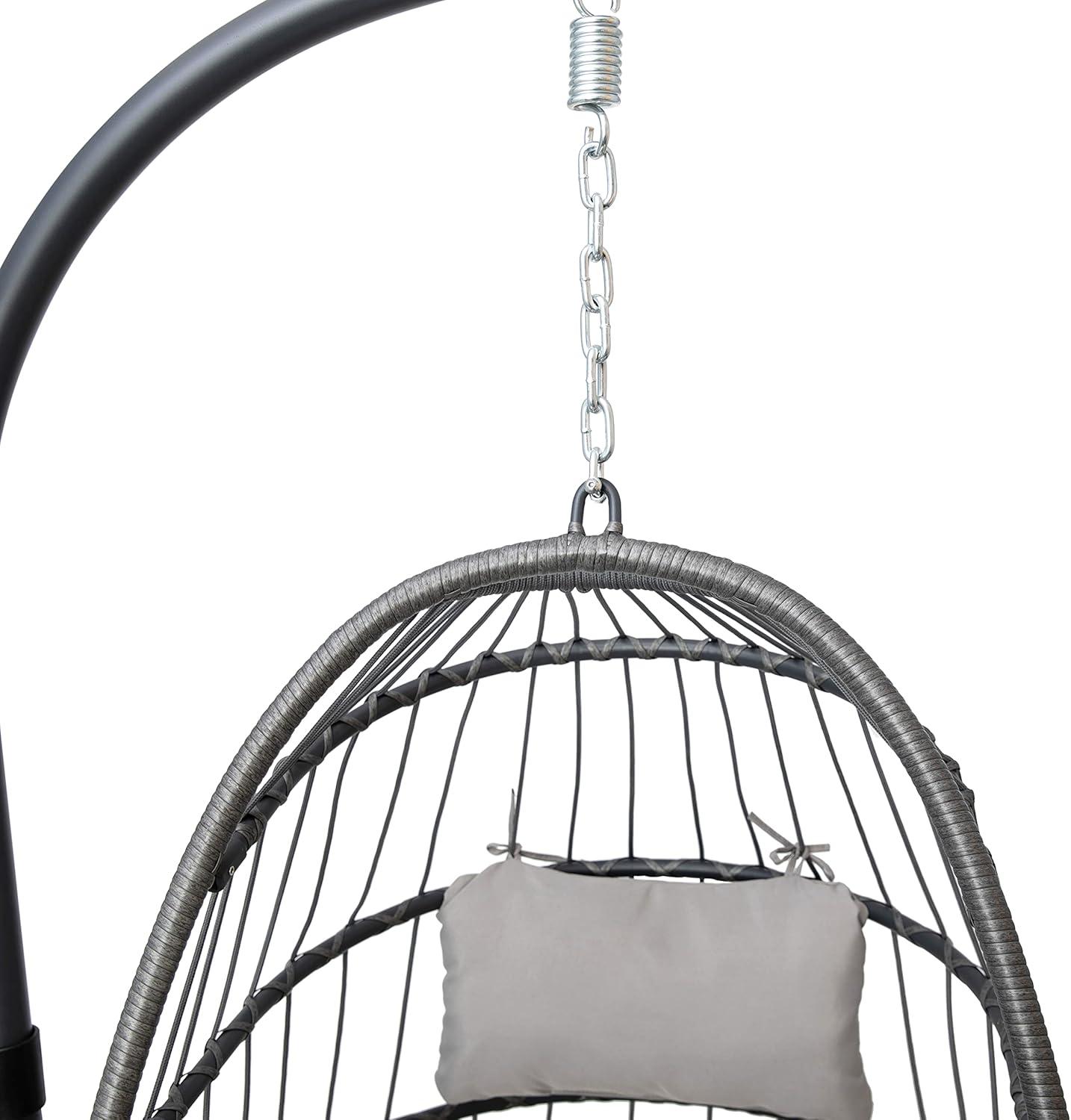 imageFlash Furniture Cleo IndoorOutdoor Patio Hanging Egg Chair Gray Frame with Gray Seat Cushions Black Powder Coated CStyle Stand Hanging Hardware IncludedGrey