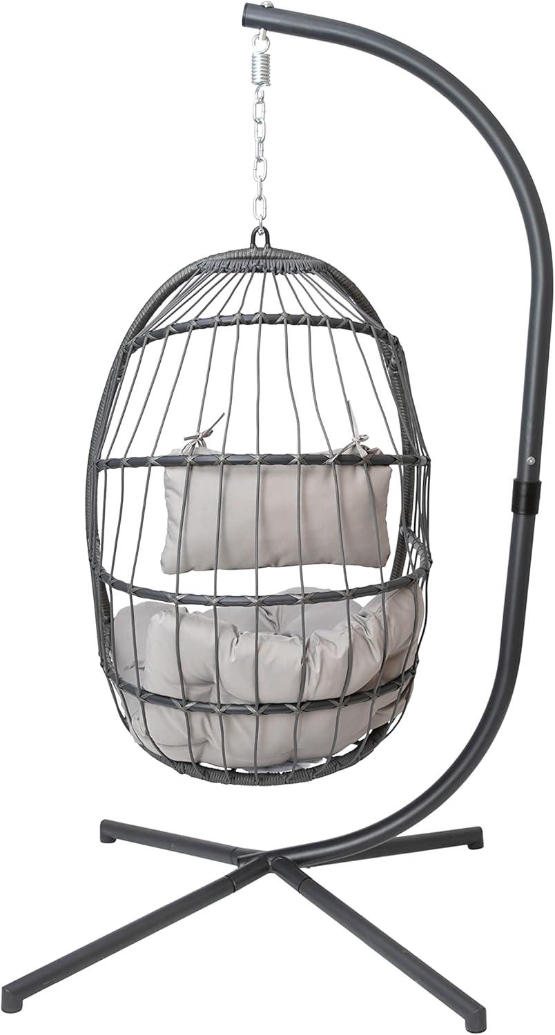 imageFlash Furniture Cleo IndoorOutdoor Patio Hanging Egg Chair Gray Frame with Gray Seat Cushions Black Powder Coated CStyle Stand Hanging Hardware IncludedGrey